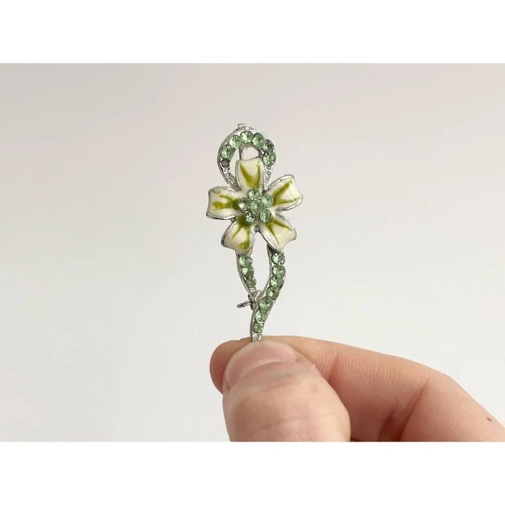 Green Floral Swirly Art Nouveau Silver Toned Vintage Costume Jewelry Brooch